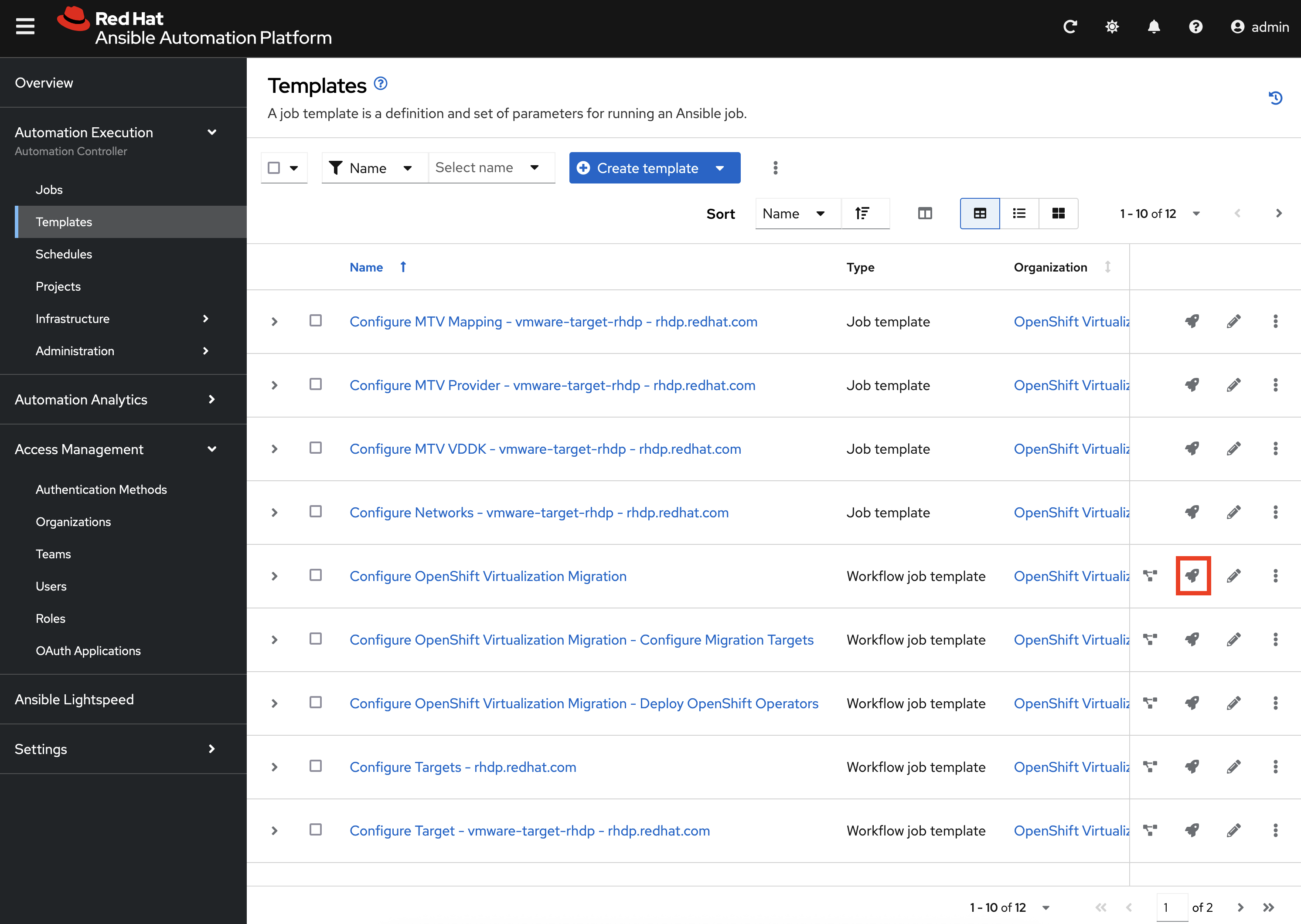 Launch the Configure OpenShift Virtualization Migration Workflow Job Template
