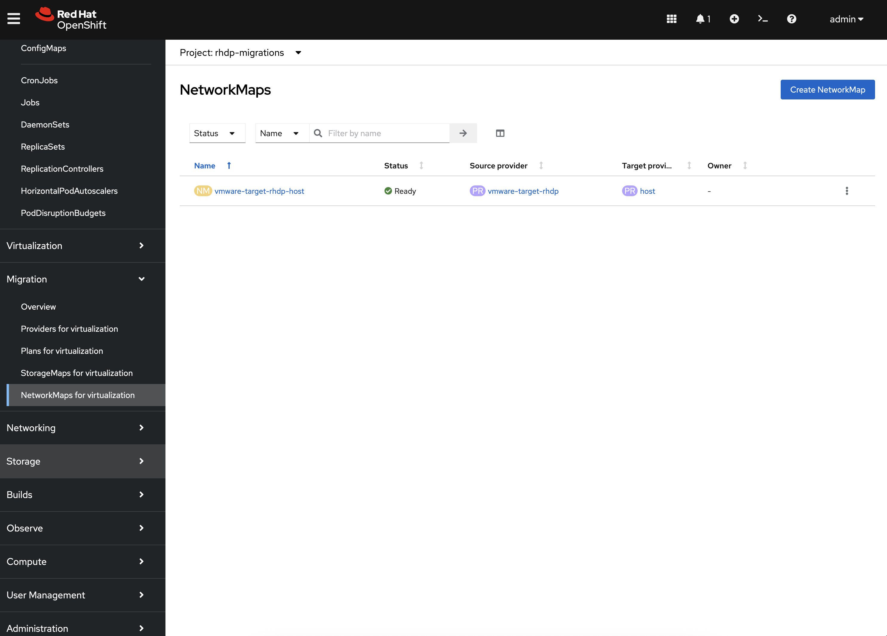 MTV `rhdp-migrations` NetworkMaps