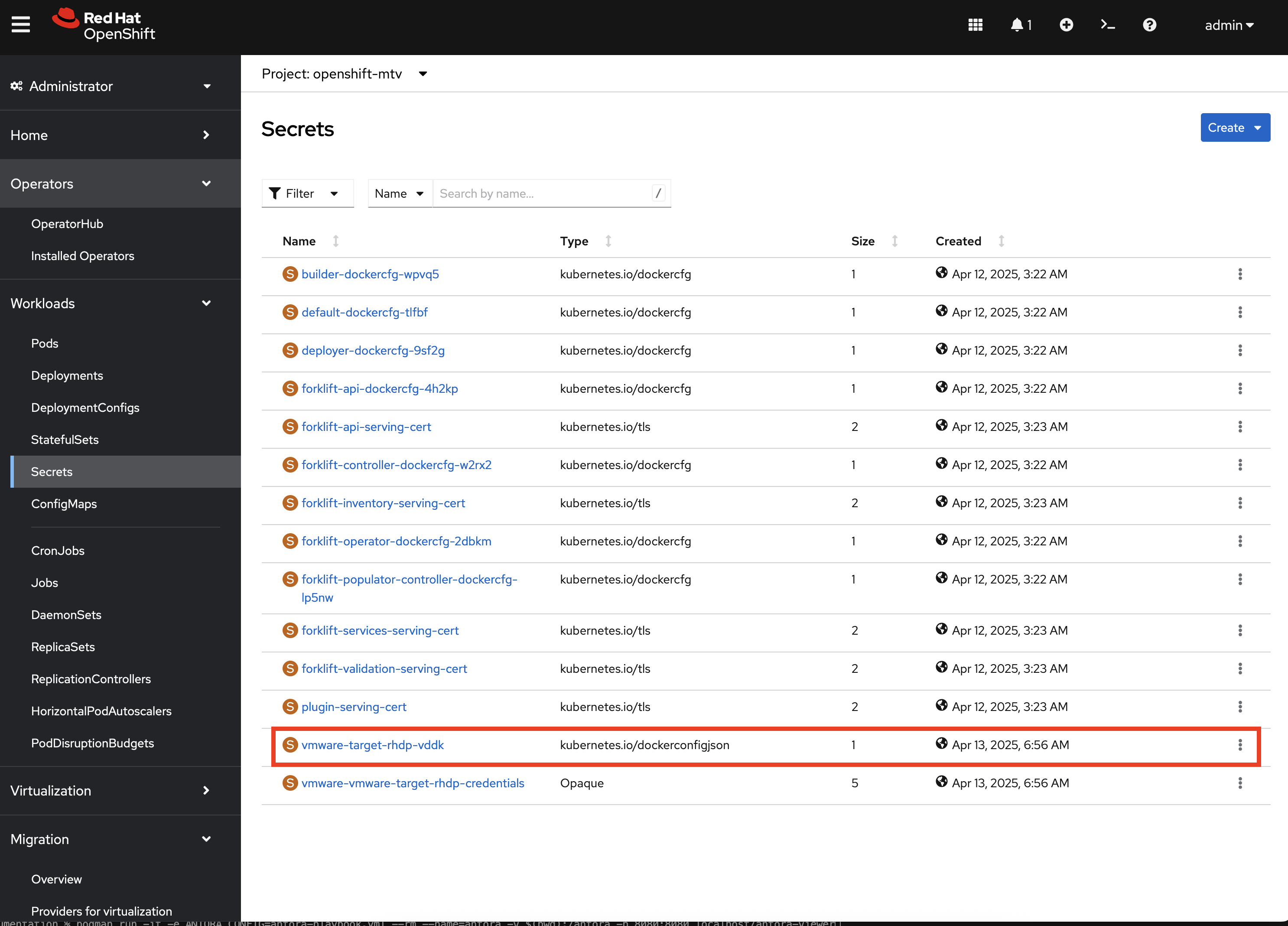 `openshift-mtv` Secrets