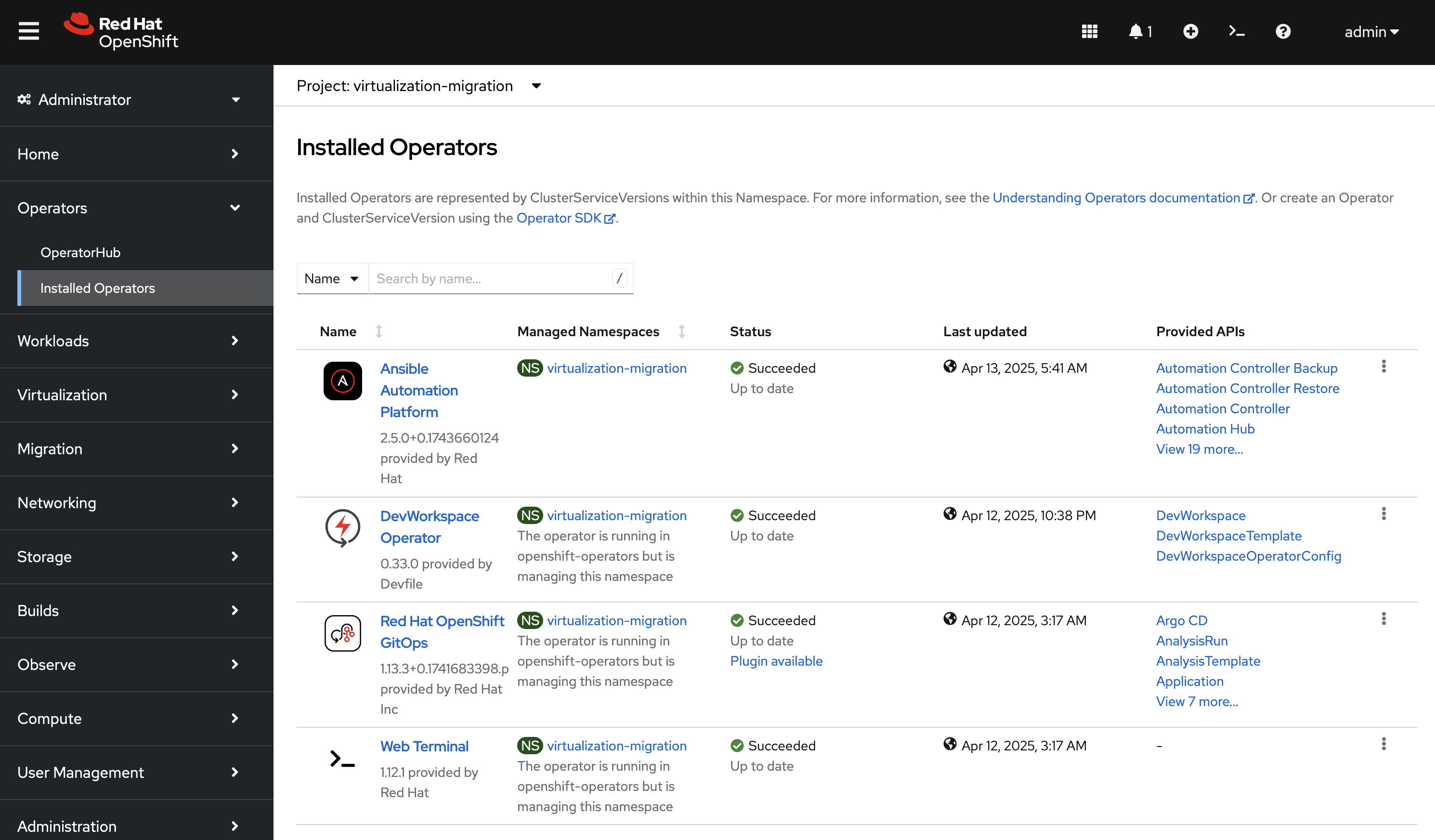 OpenShift Operators in the `virtualization-migration` Project